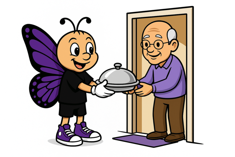 Sunny the butterfly mascot holding a scroll titled ‘50 Acts of Kindness’ while choosing ideas for Lainee’s Day of Kindness.