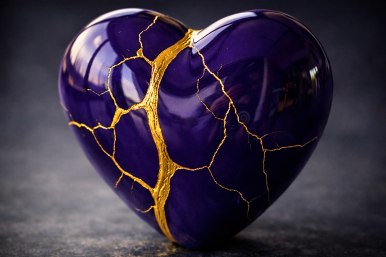 Purple heart repaired with gold using the art of kintsugi, symbolizing healing, grief, and restored love